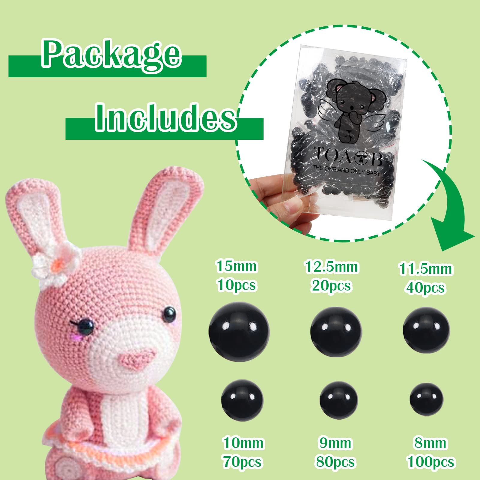 184-Piece Black Safety Eyes Set For Crochet & Stuffed Animals - Multiple Sizes From 6mm To 17mm