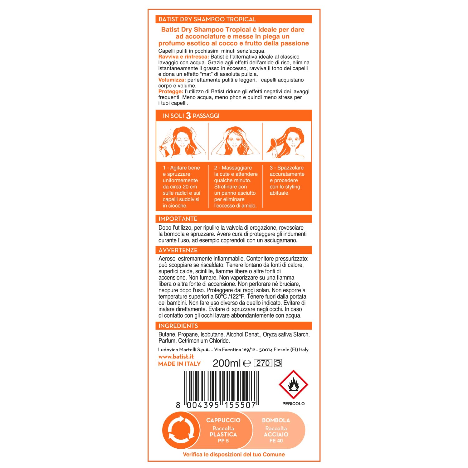 Batist Shampoo Secco Tropical, Shampoo A Secco Con Profumazione Esotica Al Cocco E Frutto Della Passione, Per Acconciature E Messe In Piega, Per Tutti I Capelli, 2x200 Ml, Made In Italy