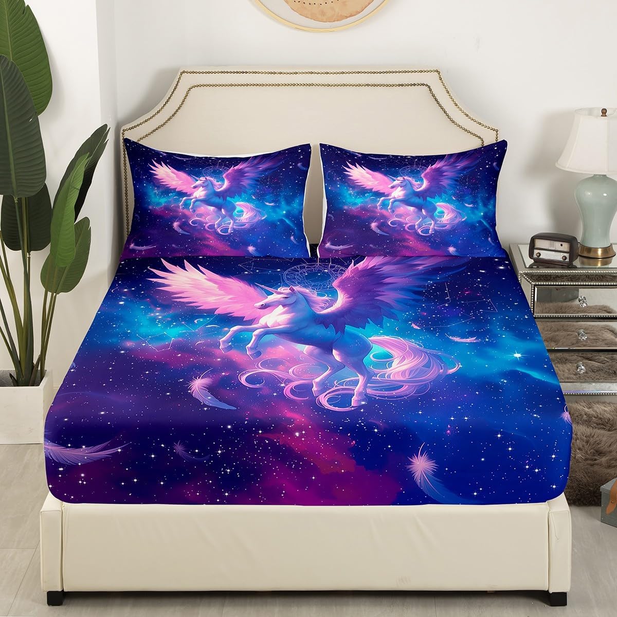 Dreamy Unicorn Fitted Sheet Full Size Starry Galaxy Universe Bedding Set 3pcs for Kids Gorgeous Wing Feathers Bed Cover with 2 Pillowcases Horse Animal Soft Polyester Bedding