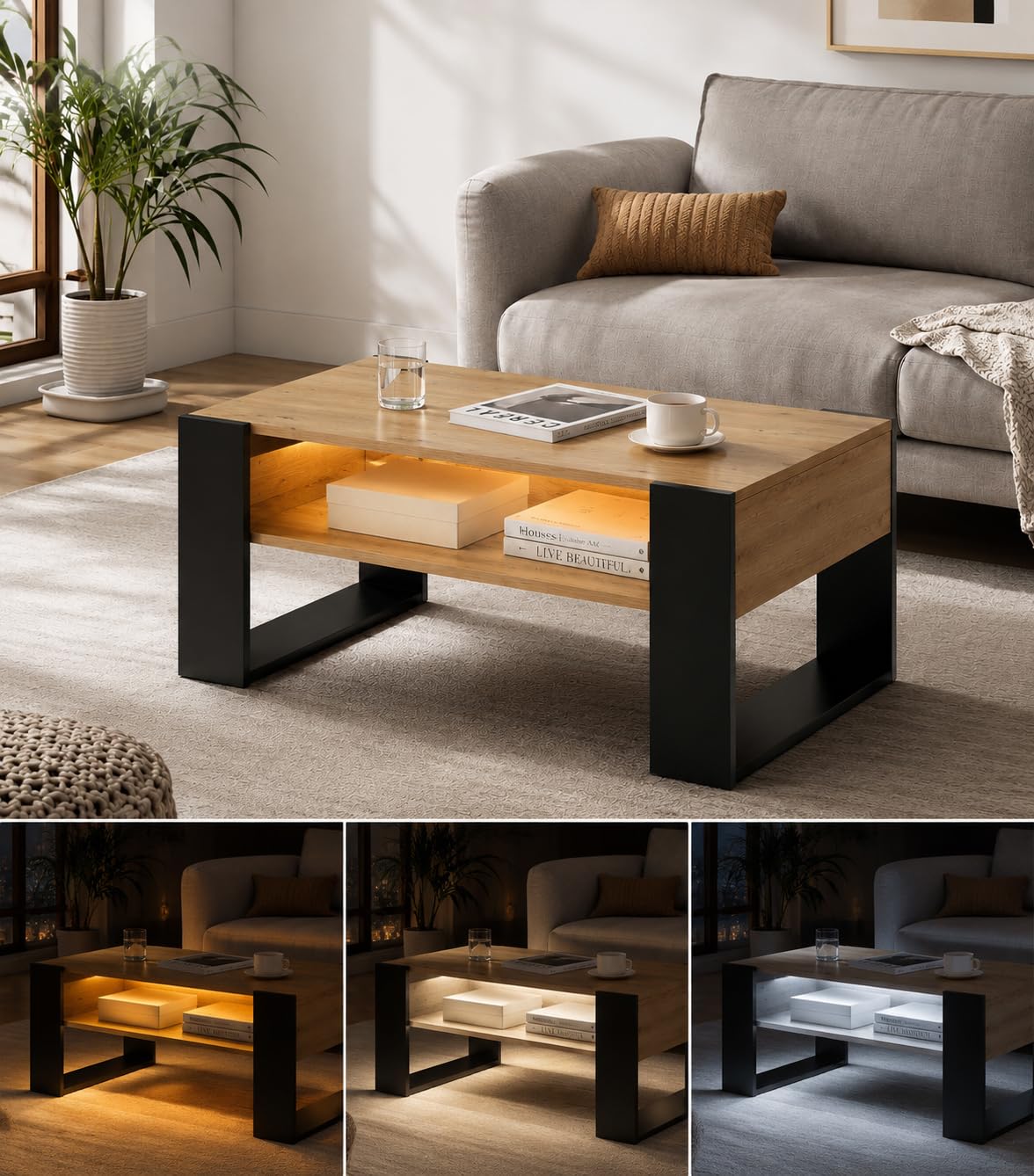 Mesa de Centro Moderna Roble y Negro con Doble Estante, Mesa de Café Estable y Maciza Tipo Loft, Mesa de Sofá Grande en Madera Laminada, 92x50x45cm