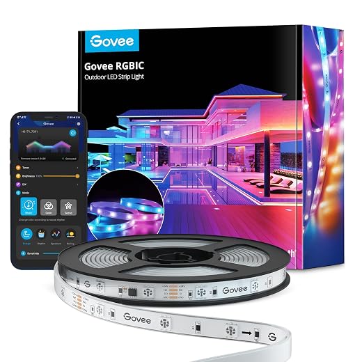 Govee Outdoor LED Strip Lights, 32.8ft Smart LED Outdoor Lights, Bluetooth App Control, IP65 Waterproof LED Lights, RGBIC Color Changing Outdoor Lights for Halloween Decorations, Party and Patio