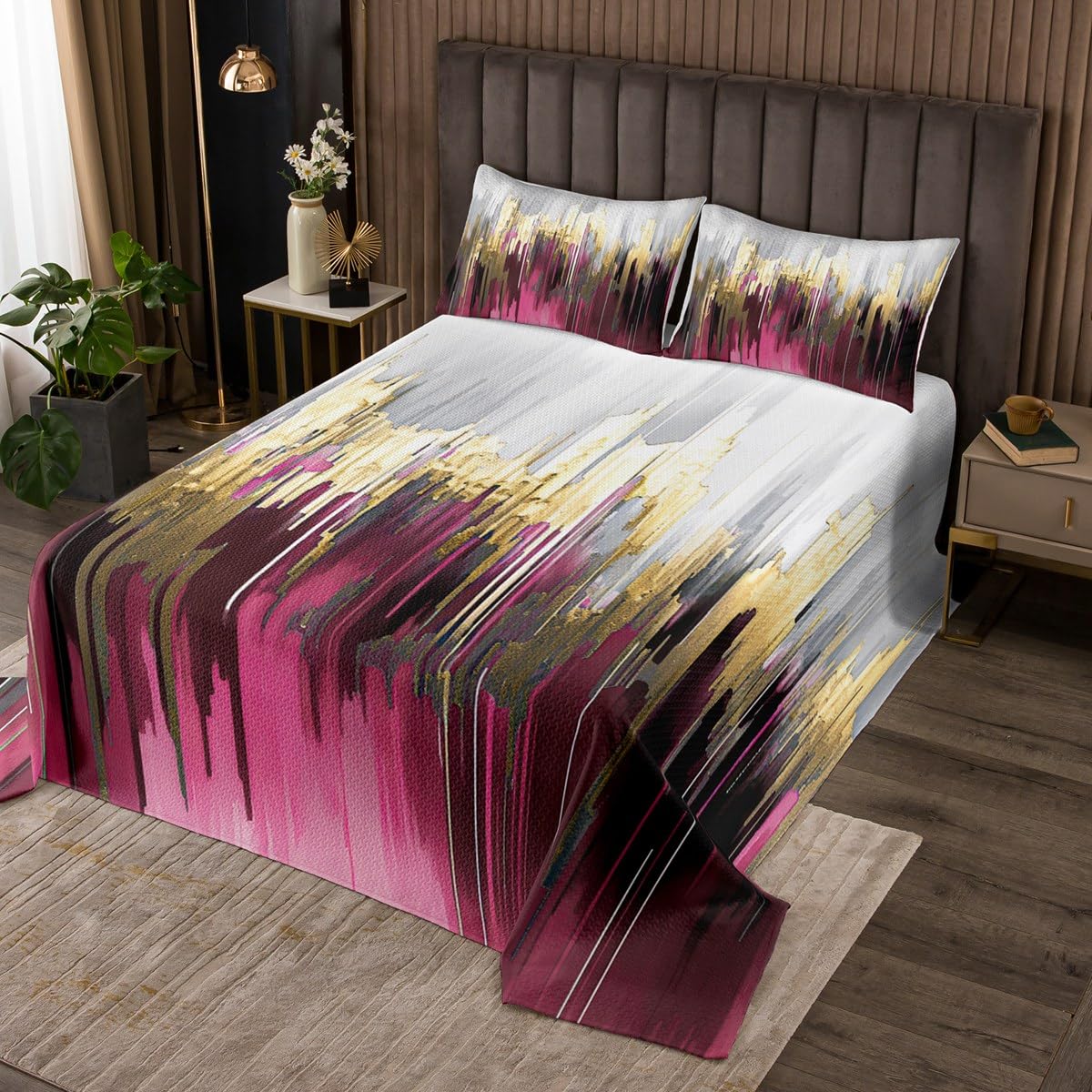 Erosebridal Hot Pink Purple Queen Quilt Set Abstract Watercolor Coverlet Set, Gradient Stripe Bedding Set Chic Vintage Aesthetic Bedspread Set, Graffiti Oil Painting Modern Bed Quilt for Kids Teen