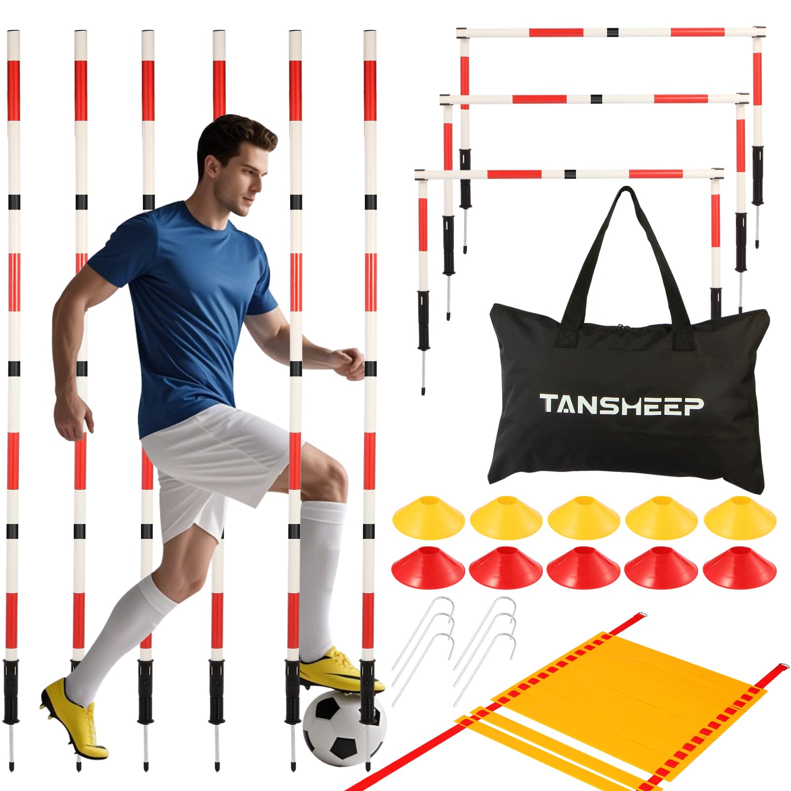 Equipo de bastones de entrenamiento de agilidad de fútbol con bolsa, 6 postes de agilidad, 3 palos horizontales, 1 escalera de agilidad con bolsa, 10 conos de fútbol, equipo de entrenamiento de
