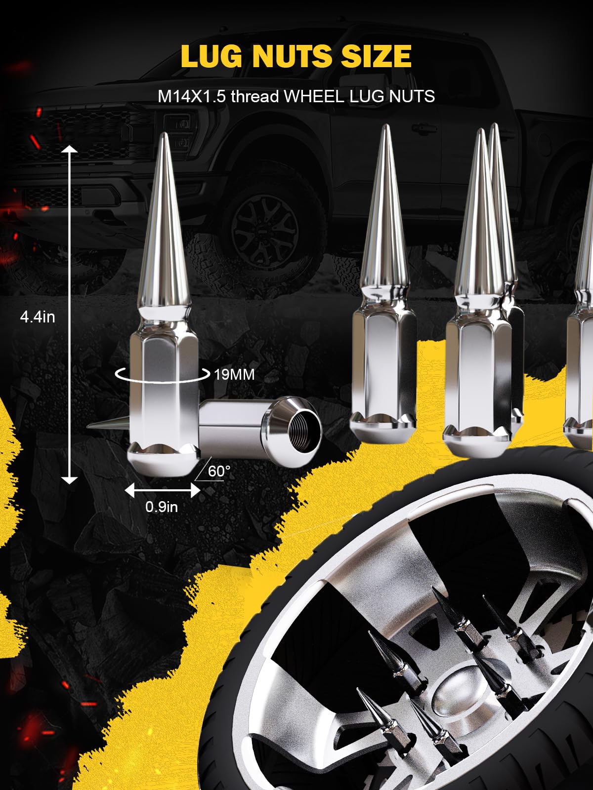 TIROL 24pcs M14X1.5 Spike Lug Nuts, Compatible with 07-17 Sequoia/Tundra, 95-17 Silverado/Sierra 1500, 12-17 Ram 1500/Grand Cherokee, One-Piece Design Factory Chrome Acorn Wheel Nuts with Socket Key