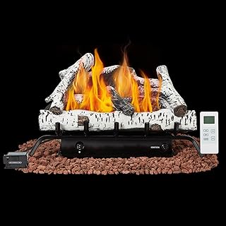 EROMMY 24 Inch Ventless Fireplace Logs Set with Remote Control, Only Used for LP/Propane, 30000 BTU, Birch Wood, White