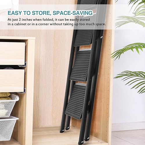 Miniatura 7 de BOCOM Escalera de 4 escalones, ligera, portátil, plegable, plegable, resistente, de acero con pedal ancho antideslizante, capacidad de 330 libras,