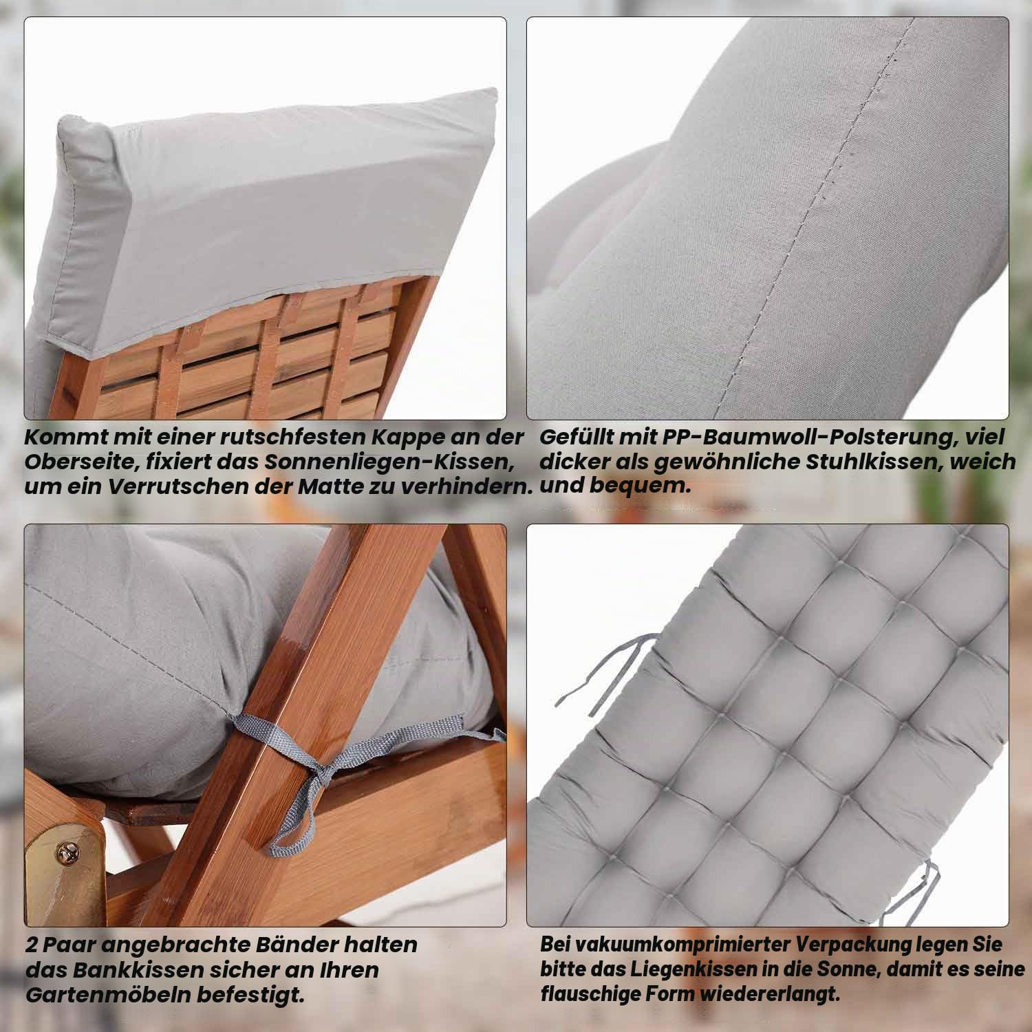 Warmiehomy Liegenauflage mit Antirutsch, 160x50x8cm Auflage für Gartenliege Outdoor, Dickes & Bequeme Polster Sonnenliege Auflage mit Einstellband, Kissen für Liegestuhl, Grau(Ohne Stuhl)