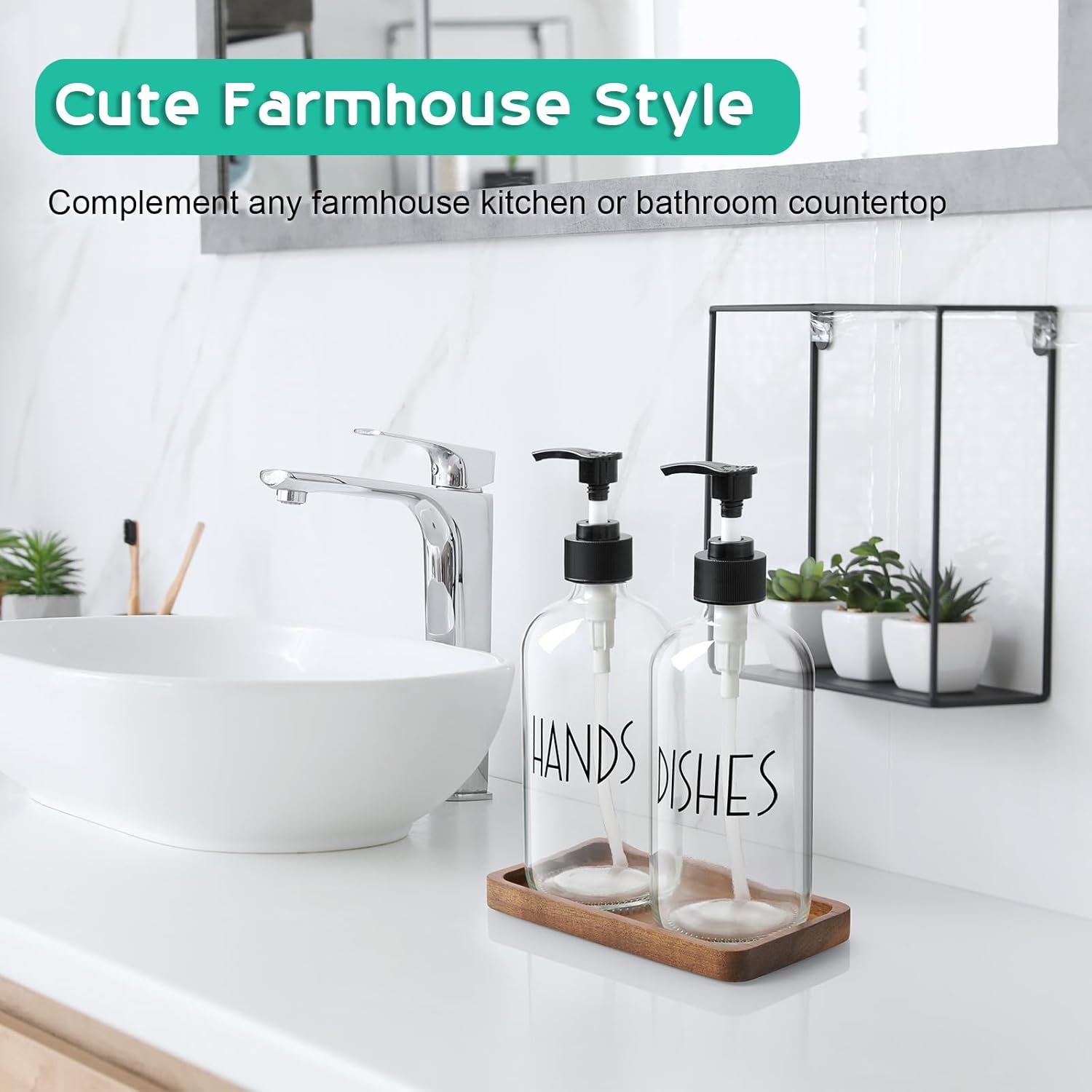 ALELION Glass Soap Dispenser with Pump - 16 OZ Clear Dish and Hand Soap Dispenser Set with Acacia Wood Tray for Kitchen Bathroom - Modern Liquid Pump Bottles - Image 7