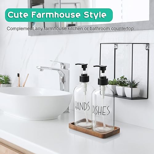 Miniatura 7 de ALELION Dispensador de jabón de vidrio con bomba  Juego de dispensador de jabón transparente para platos y manos de 16 onzas con bandeja de madera