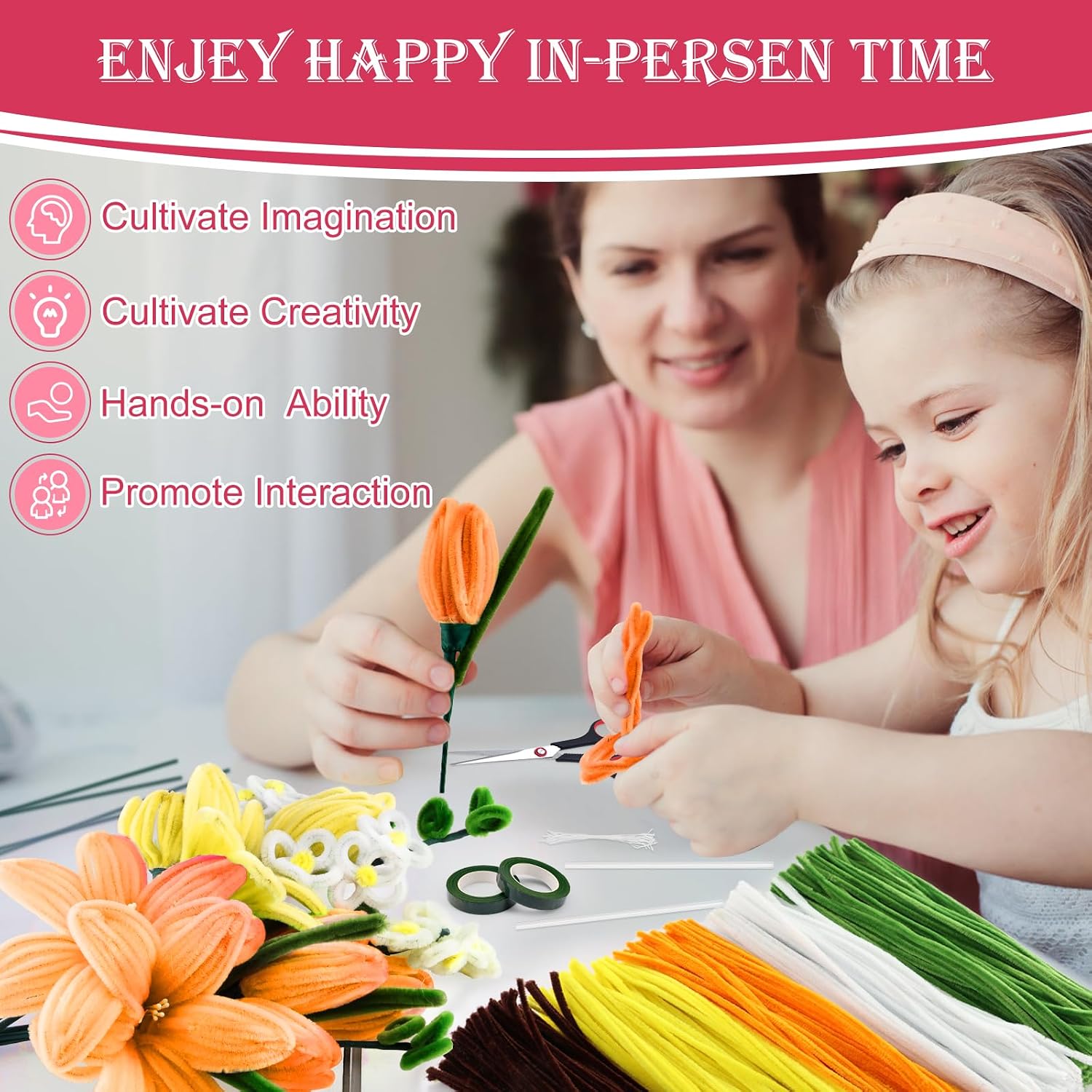 400 Pcs Pipe Cleaners Craft Kit - Bulk Pipe Cleaners for DIY Pipe Cleaner Flowers, Chenille Stems for DIY Flower Making Kit with Floral Wires, Gardening Tape,Stamen& Ribbon (Sunflowers)