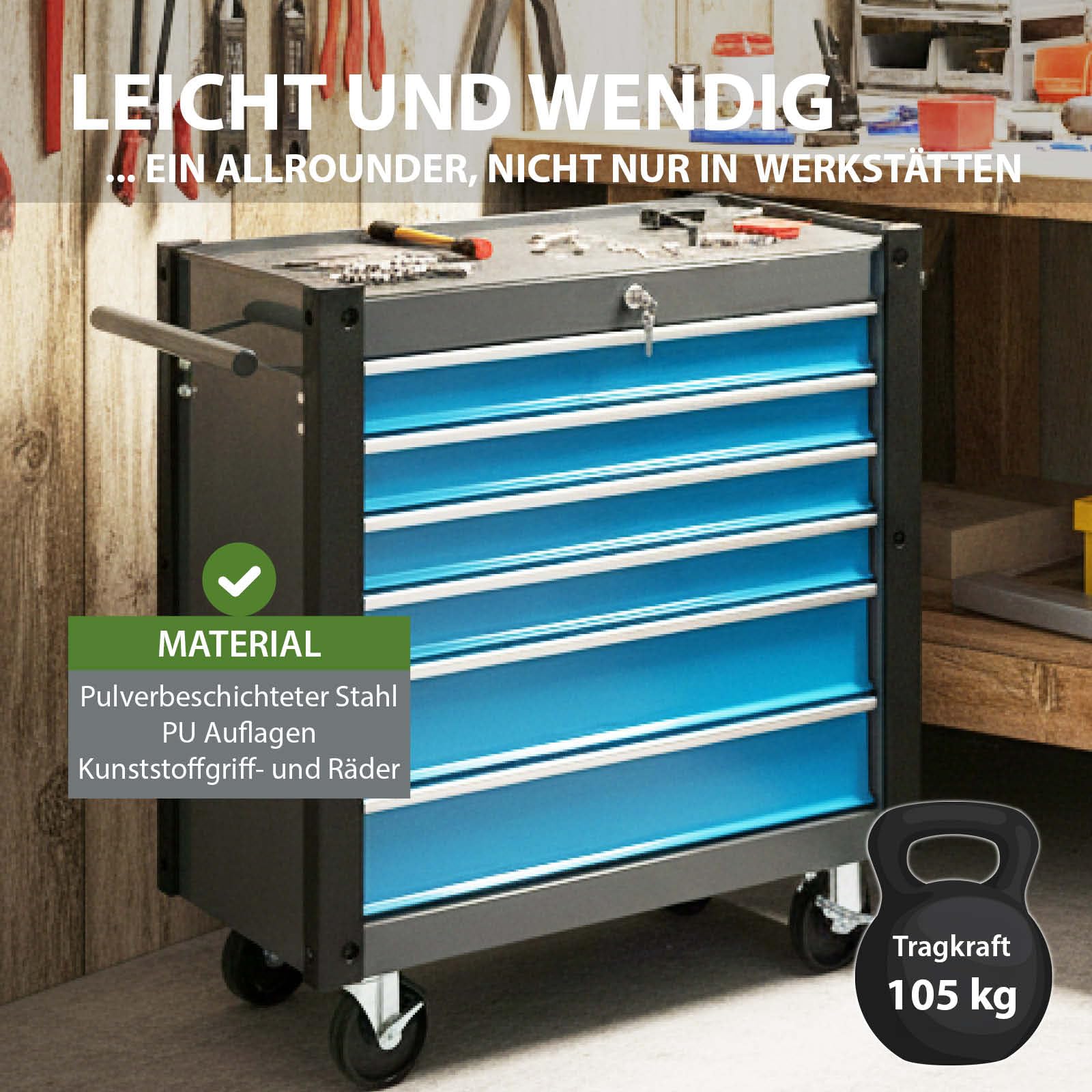 TRUTZHOLM Werkstattwagen TRUTZI mit 6 kugelgelagerten Schubladen, abschließbar, mit Anti-Slip-Einlagen, Eckschutzleisten, 4 Rollen (2 Lenkrollen mit Bremse), Traglast 105 kg, Stahl, blau