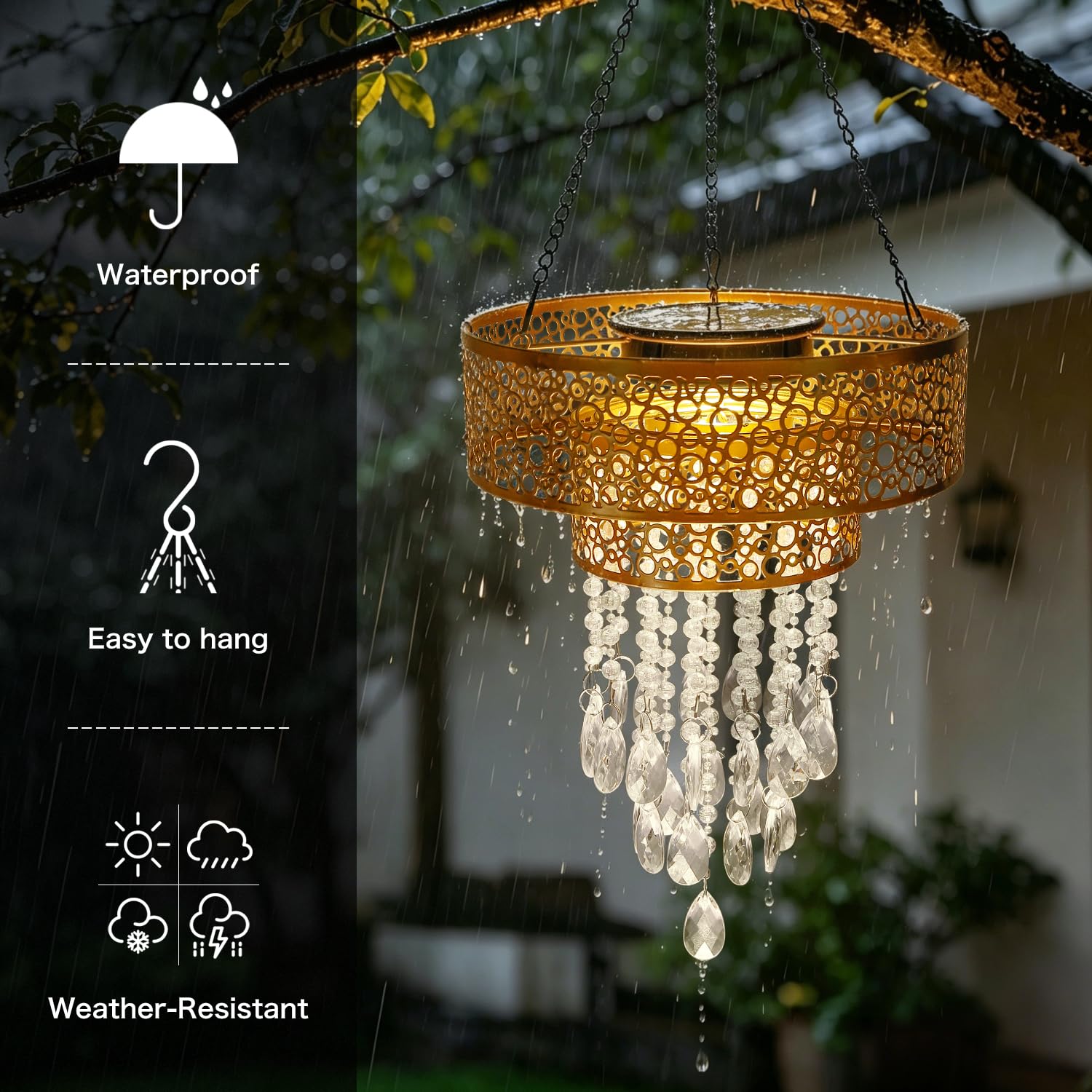 Solarlampen für Außen Solar Hängeampel mit Kristallperlen Gold Solar Laterne Garten Terrasse Balkon Outdoor Deko