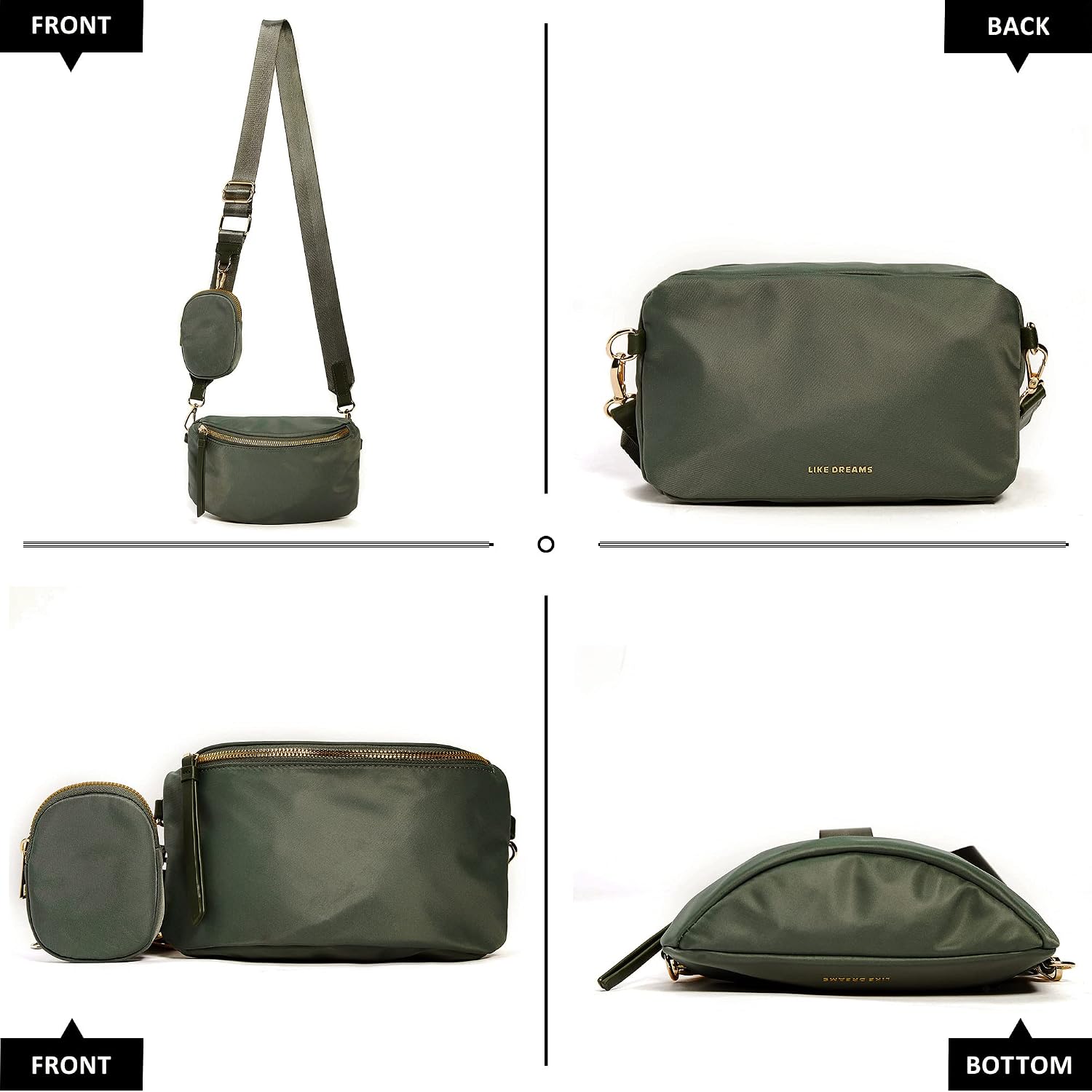 Like Dreams Small Crossbody Bum Bag for Women | Lightweight Nylon Fanny Pack with Detachable Airpods Pouch | Stylish Crossbody Bag (Olive)