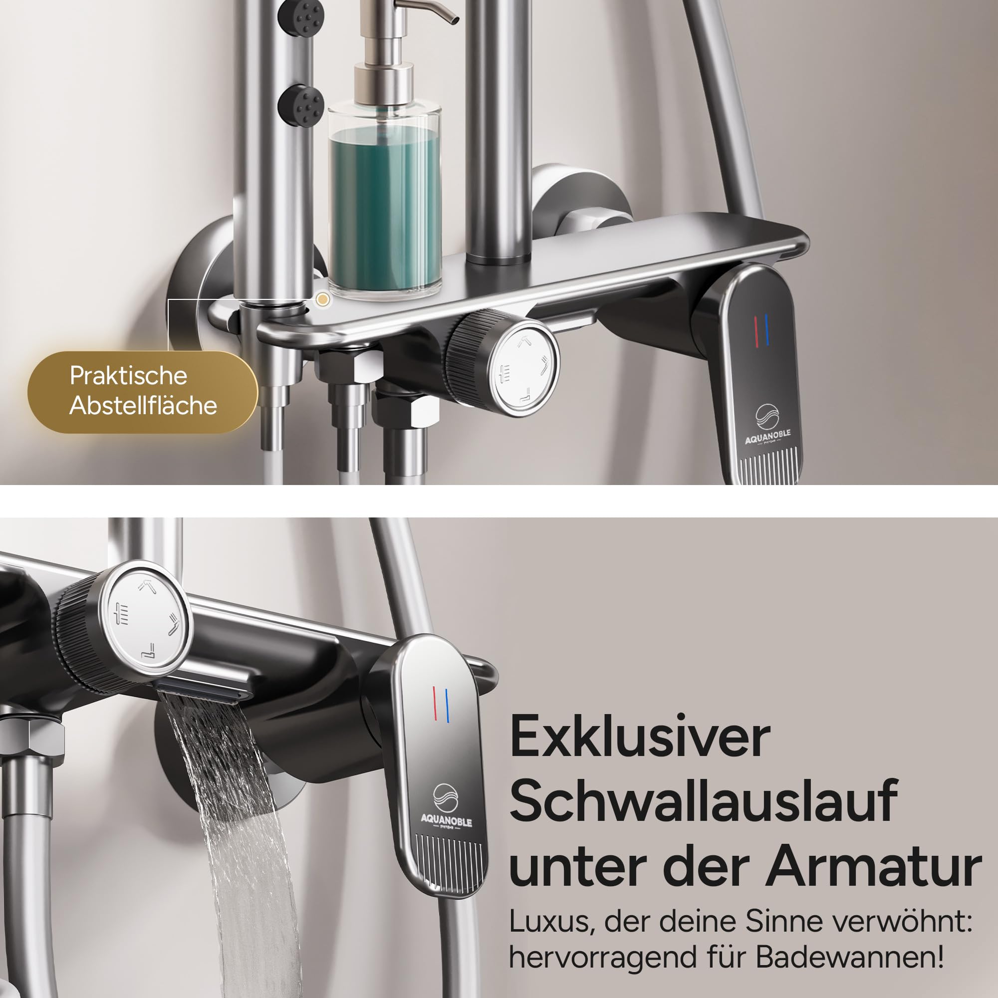 AquaNoble Aufputz Duschsystem mit Thermostat & Ablage – Duscharmatur Komplettset mit Regendusche, 3-Funktionen Handbrause, Wanneneinlauf/Wasserfall & Reinigungspistole, EasyClean Anti-Kalk, chrom
