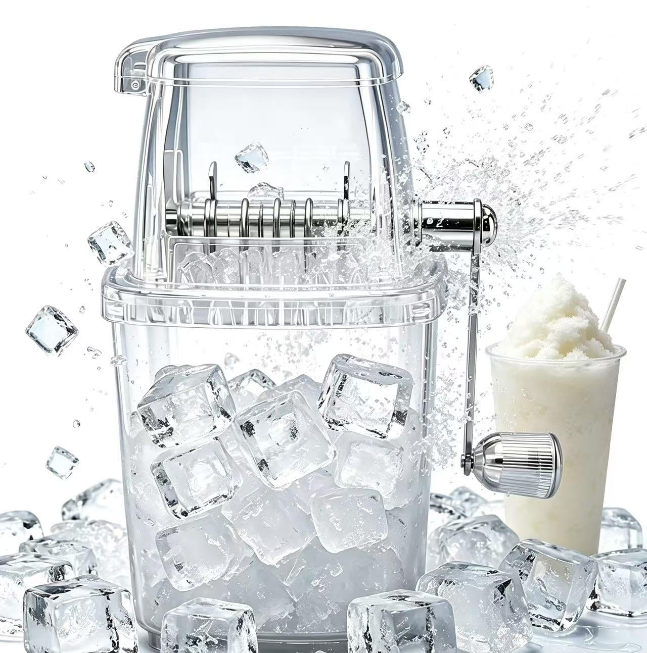 Trituradora de hielo manual portátil de manivela, mini trituradora de hielo de acero inoxidable con base antideslizante, molinillo de hielo transparente de 1,25 L para hacer granizados, cócteles, café