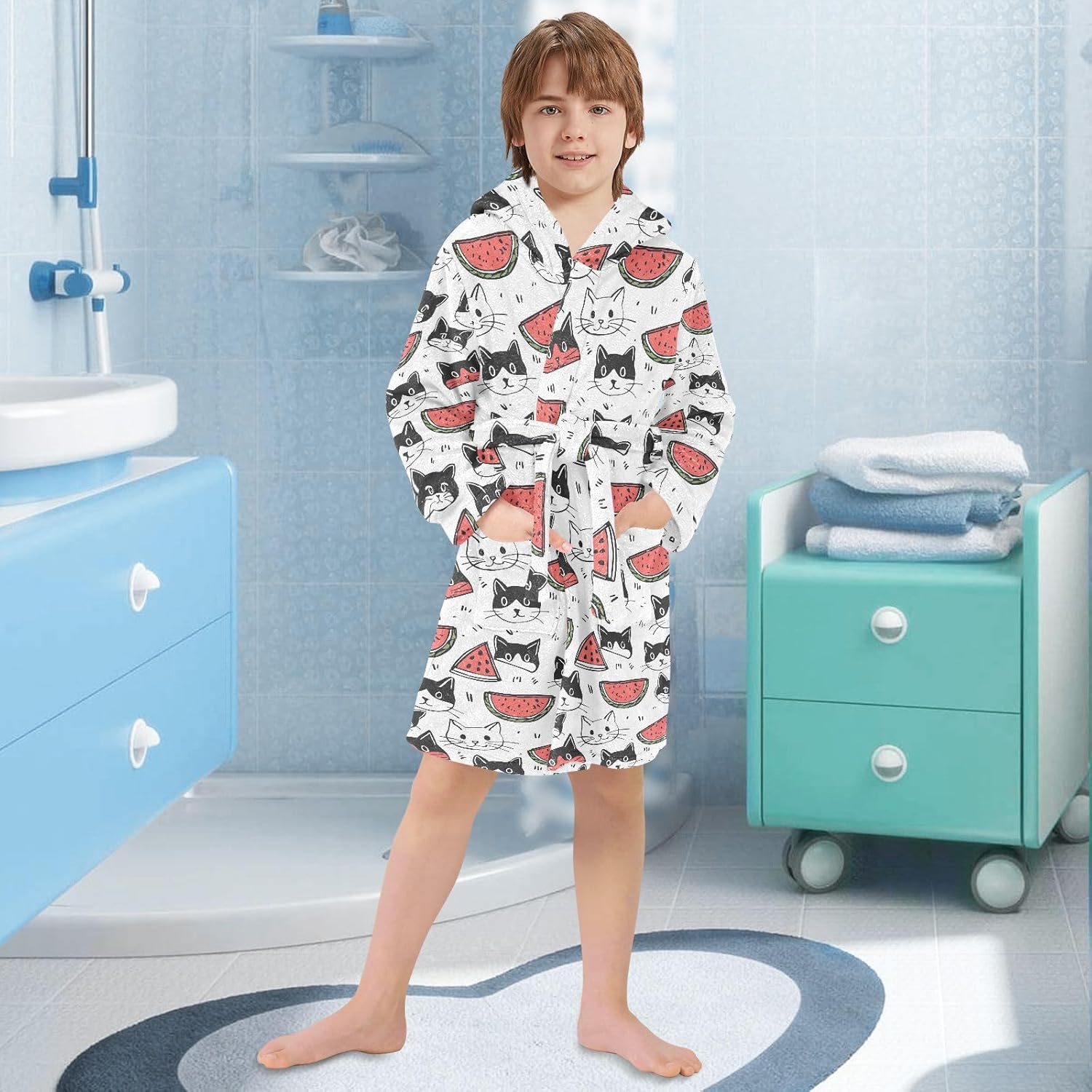 senya Cat and Watermelon Toddler Hooded Bathrobe Kids Soft Plush Bath Towel Robes for Boys Girls 2-12 Years