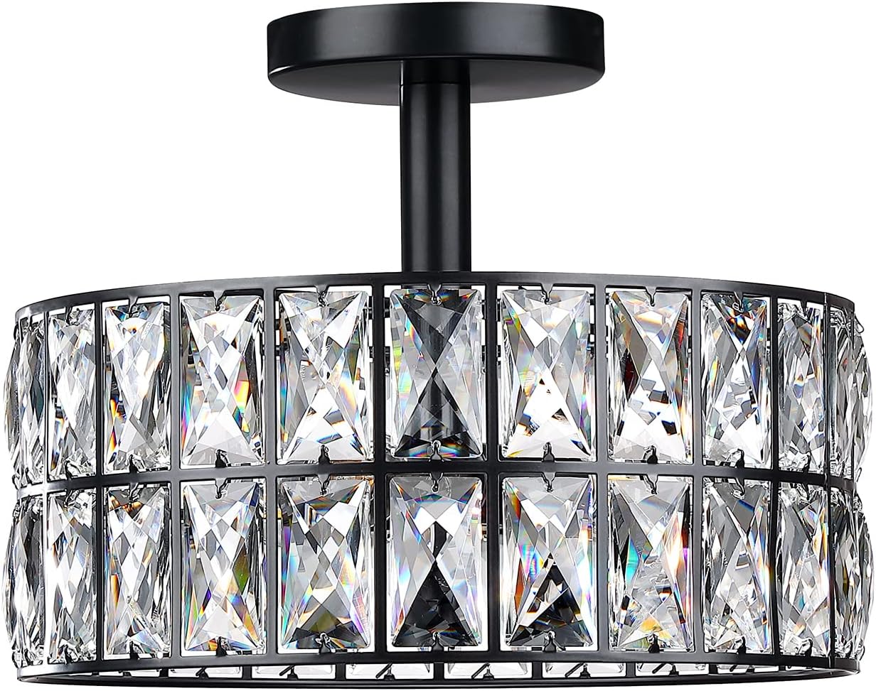 Doraimi Lighting Crystal Drum Ceiling Light Black 12 Inch 2 Light Semi Flush Mount Farmhouse Fixture for Living Room Dining Room Bedroom Kitchen Island Hallway
