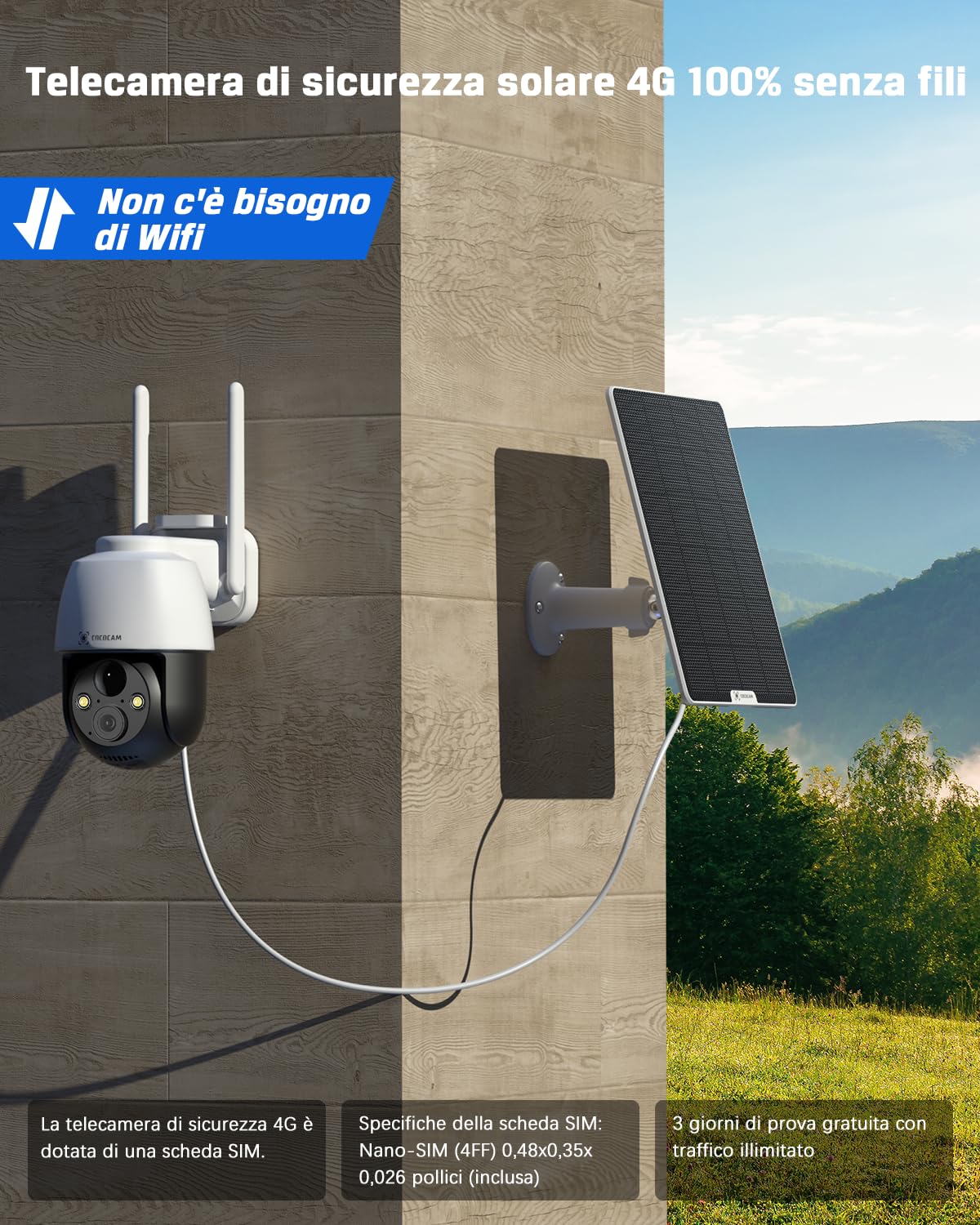 COCOCAM 4G LTE Telecamera Esterno con SIM Carta | 2K PTZ Senza Fili con 6W Pannello Solare, Batteria 10000 mAh, Rilevamento Umano PIR, Riconoscimento AI, Funziona con Alexa