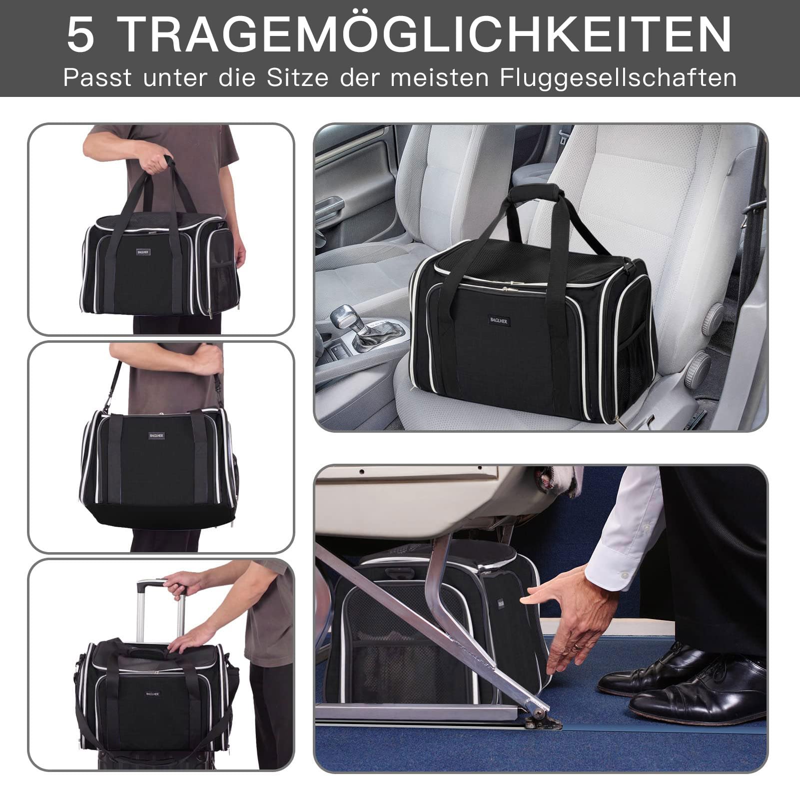 BAGLHER Trasportino per gatti, approvato dalle compagnie aeree, trasportino morbido laterale per animali domestici, da viaggio, 5 lati, porte aperte, 3 lati, espandibile, pieghevole, con imbottitura
