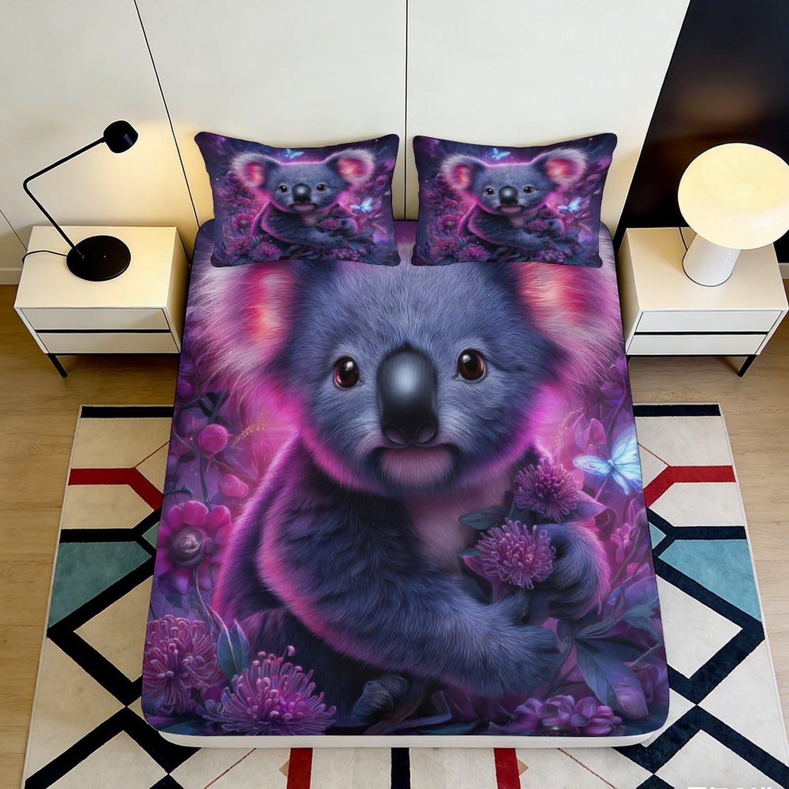 3D Printed Purple Koala Fitted Sheet Microfiber Soft Bed Cover for Bedroom Dorm Mattress Decor Protective Washable 160x200x25cm