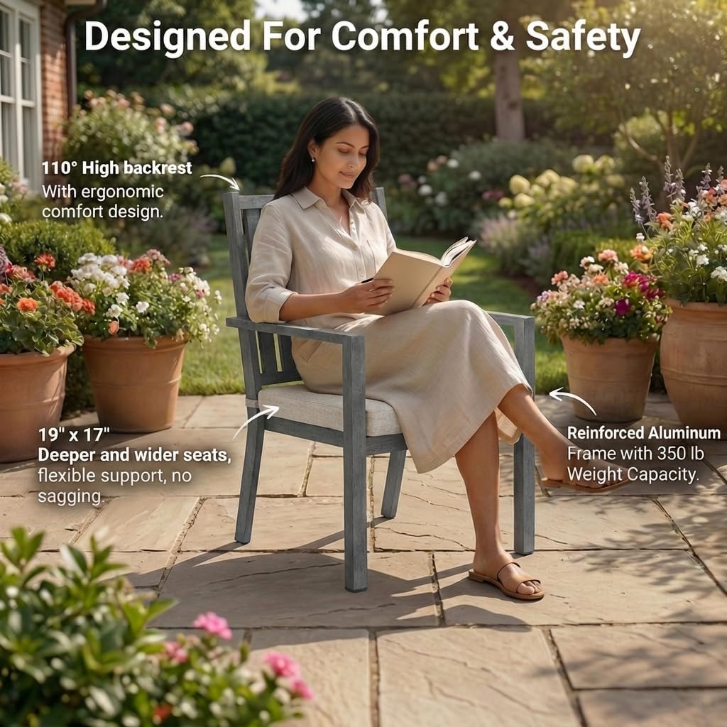RoyalCraft Aluminum Outdoor Patio Chairs Set of 2, Outdoor Chairs with Waterproof Cushions, Outdoor Dining Chairs with Armrests, Metal Patio Furniture Set for Porch, Balcony, Deck, Backyard, Grey