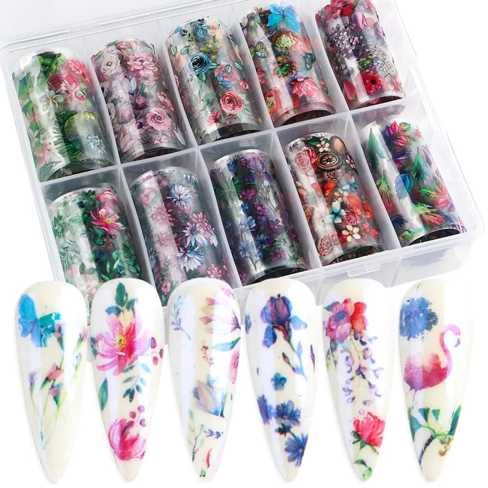 Flower Nail Foils Nail Art Plant Nail Foil Transfer Stickers 10 Rolls Nail Art Supplies Foils Blossom Butterfly Lavender Leaf Flamingo Nail Designs Manicure Tips Wraps Decorations for Women Girls