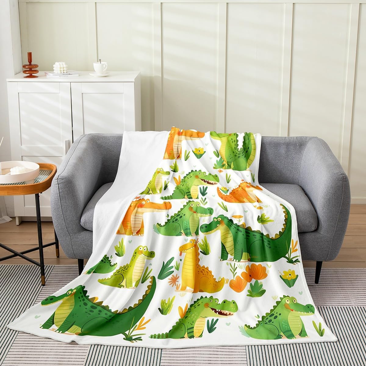 Crocodile Flannel Blanket Room Decor Warm Lightweight,Green and Orange Fish Cartoon Crocodile Fuzzy Warm Blanket,Kids Boys Cute Animals Green Grass Bed Sofa Couch Blankets Queen 90"x90"