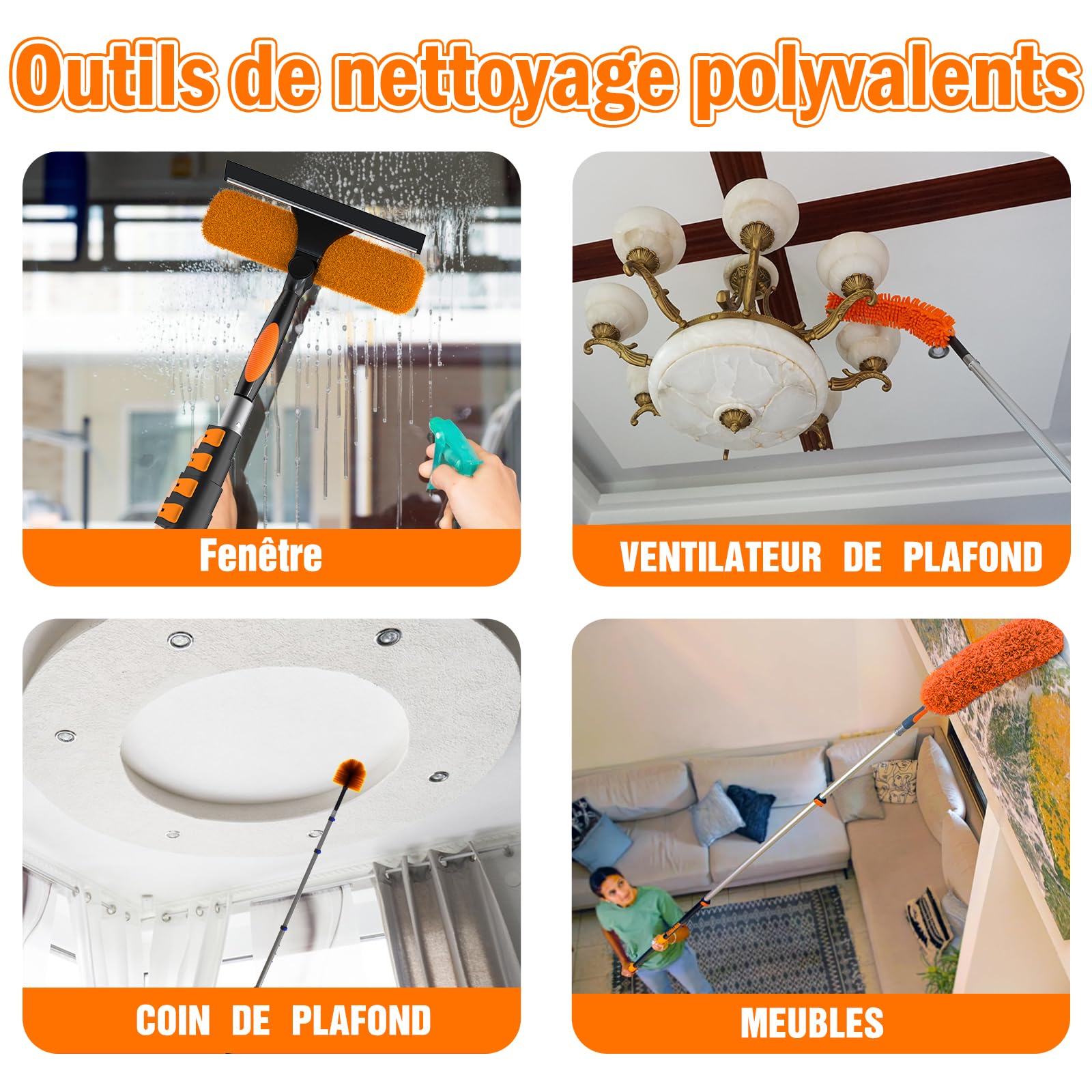 LAANPOLE Plumeau Poussiere avec 6m Perche Telescopique, Tete de Loup de Ventilateur de Plafond, 2-en-1 Raclette Vitre Professionnel