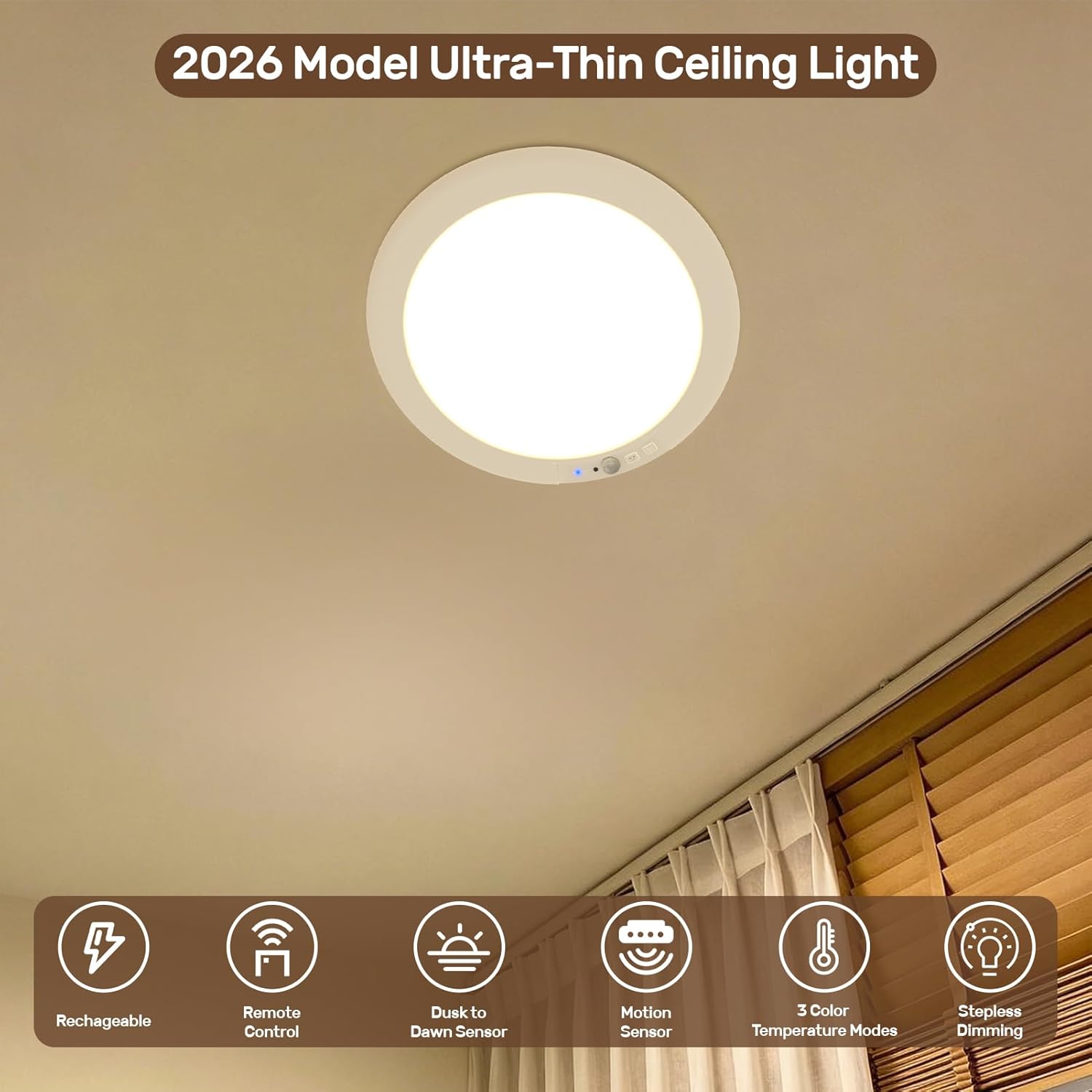 Rechargeable Motion Sensor Ceiling Light, Battery Powered Wireless Flush Mount Light with Remote, 3 Color Temps Dimmable for Bathroom & Closet (Round)