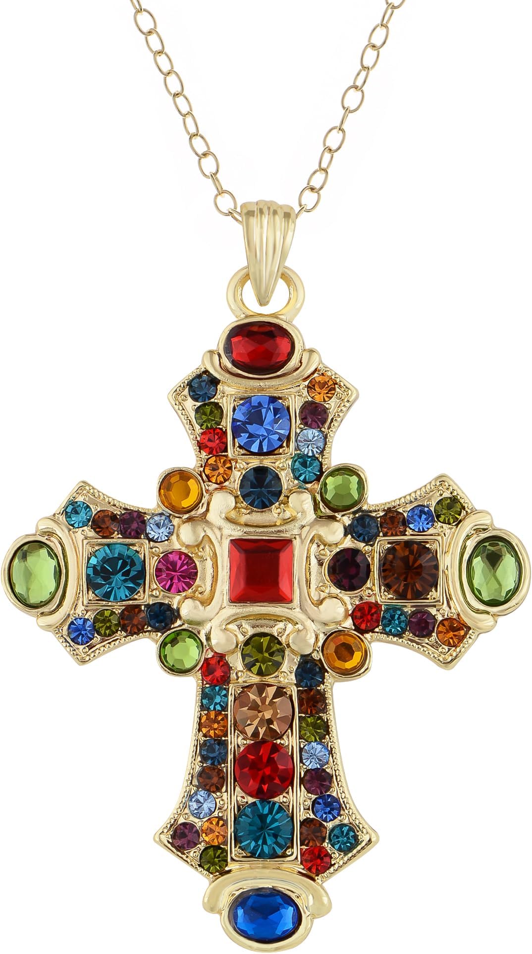 Ornate Antique Golden Tone Colorful Rhinestone Cross Pendant Necklace