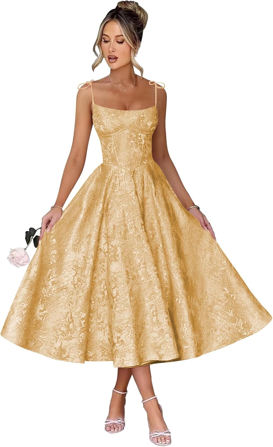 Jacquard Prom Dresses 2026 Satin Spaghetti Straps Square Neck A-line Formal Dress