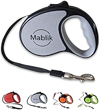 Mablik® Correa Perro Extensible 5 Metros Gris, hasta 15 Kg Correa Extensible Perro Pequeño y Mediano, Cinta Resistente, Botón Frenado. Auto-Enrollado. Mosquetón 360º, Ergonómico. (Gris, 5M)