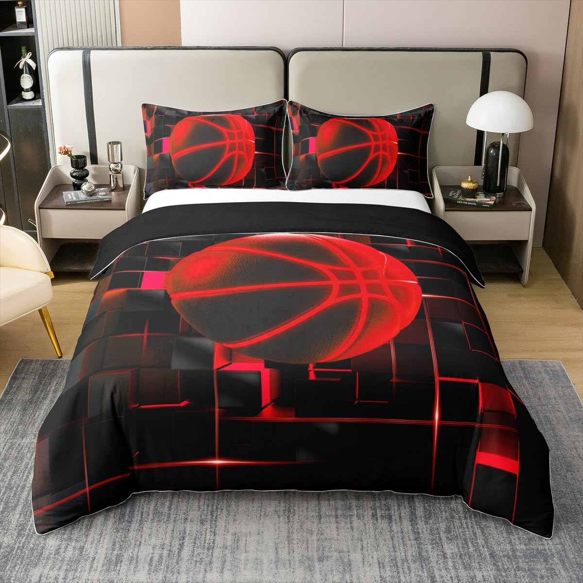 Housse de couette 220x240 basketball en coton géométrique néon Homewish