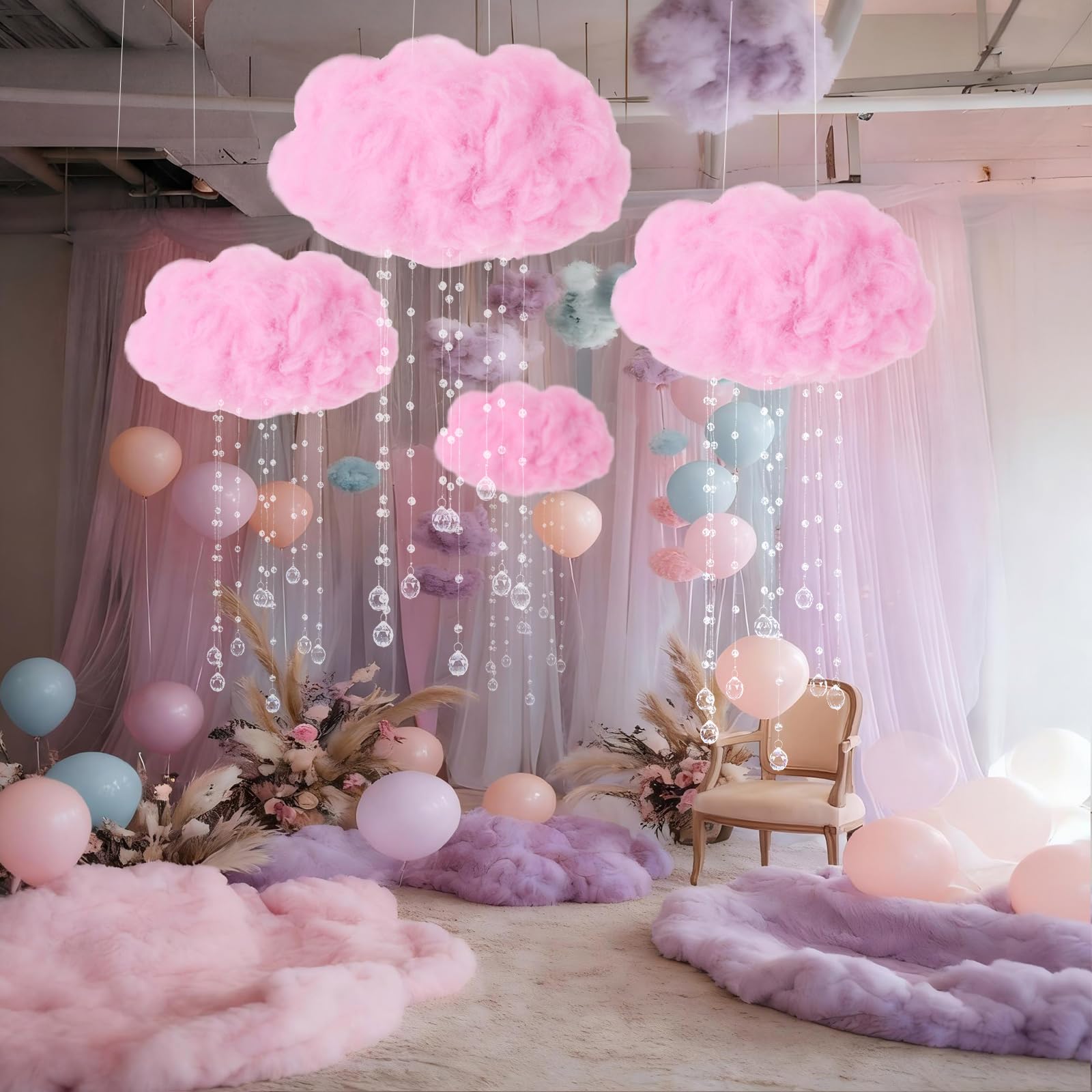 Marsui Künstliche Wolkenrequisiten, LED-Lichterkette, zum Aufhängen, 3D-Baumwolle, Wolke, Klassenzimmer, Schule, Dekoration, Regentropfen für Zimmer, Decke, Babyparty, Party, Hochzeit, Kinderzimmer