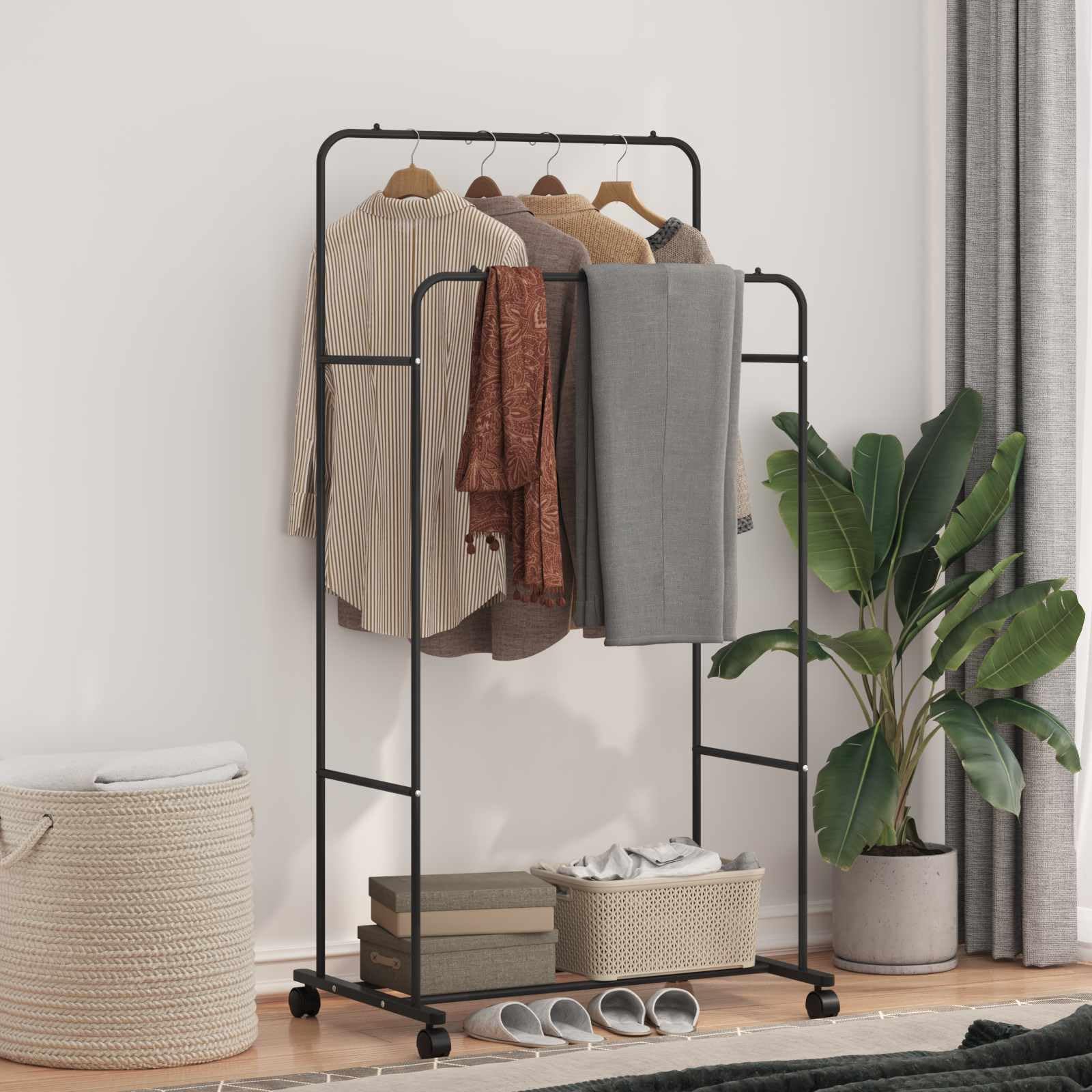 Kleiderständer Kleiderstange Garderobenständer Metall freistehend Schwarz 80 x 53 x 156 cm stabil platzsparend für Schlafzimmer Flur Wohnzimmer mit Rollen tragbar vielseitig