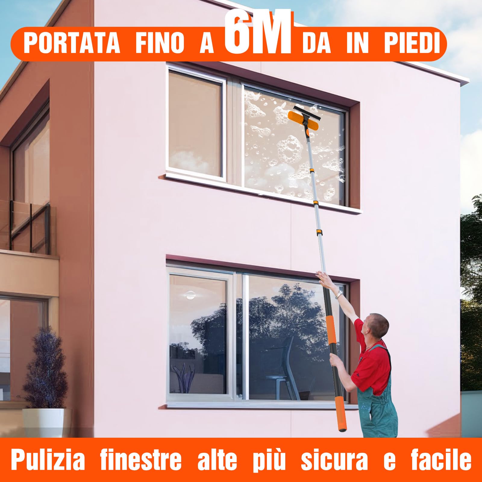 LAANPOLE Lavavetri con Asta Estensibile 6m, Lavavetri 2-in-1 per Pulizia Vetri, Kit di Pulizia Professionale per la Casa con Asta Telescopica 6m per Uso Interno ed Esterno