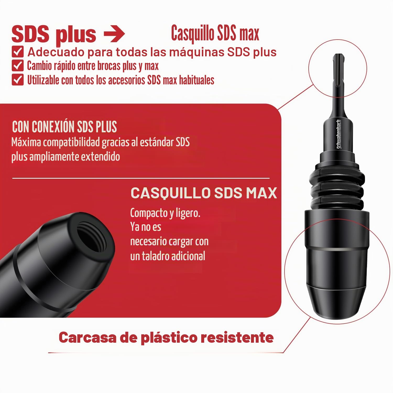 SCHWABENBACH® Adaptador SDS Plus a SDS Max | Convertidor para Usar Brocas y Cinceles SDS Max en Martillos con Conexión SDS Plus - Cincel Albañil