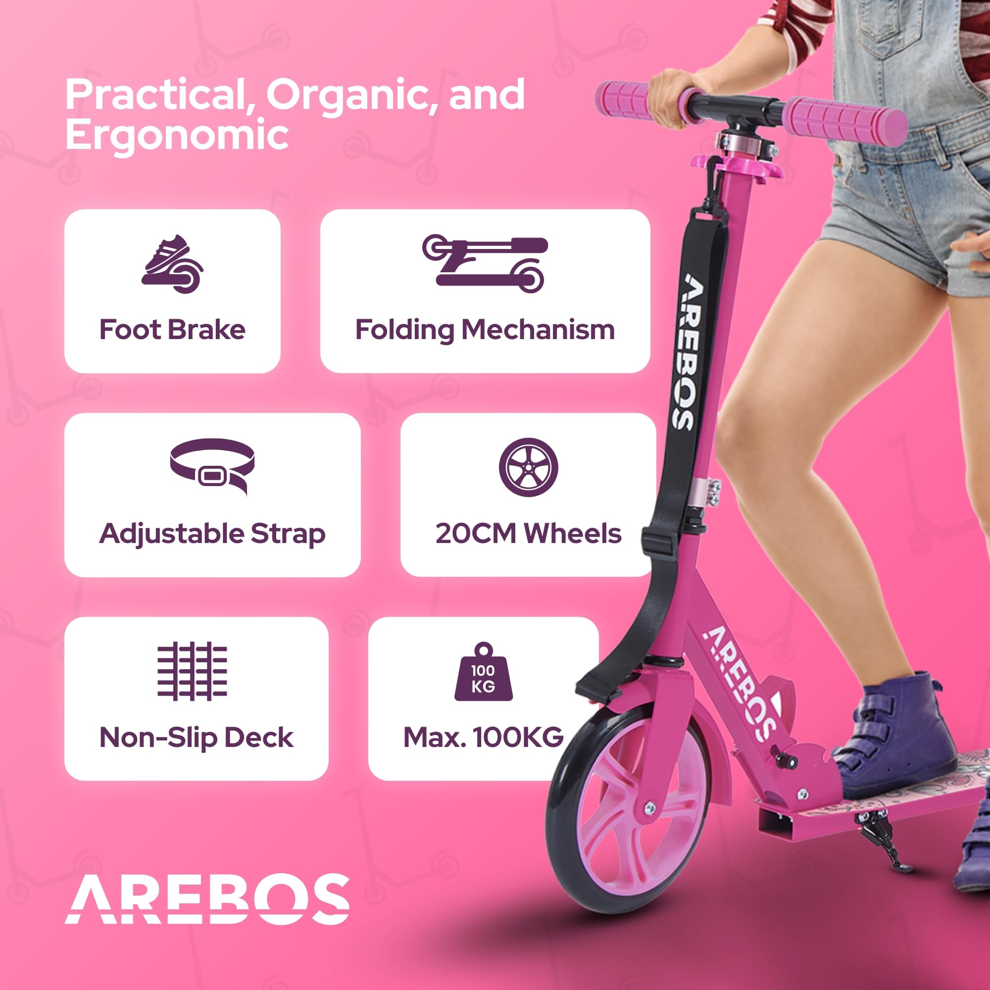 Arebos city scooter a pedali monopattino regolabile in altezza | pieghevole | incl. cinghia di trasporto | ruote XXL | freno a pedale | per bambini e adulti | capacità di carico fino a 100 kg