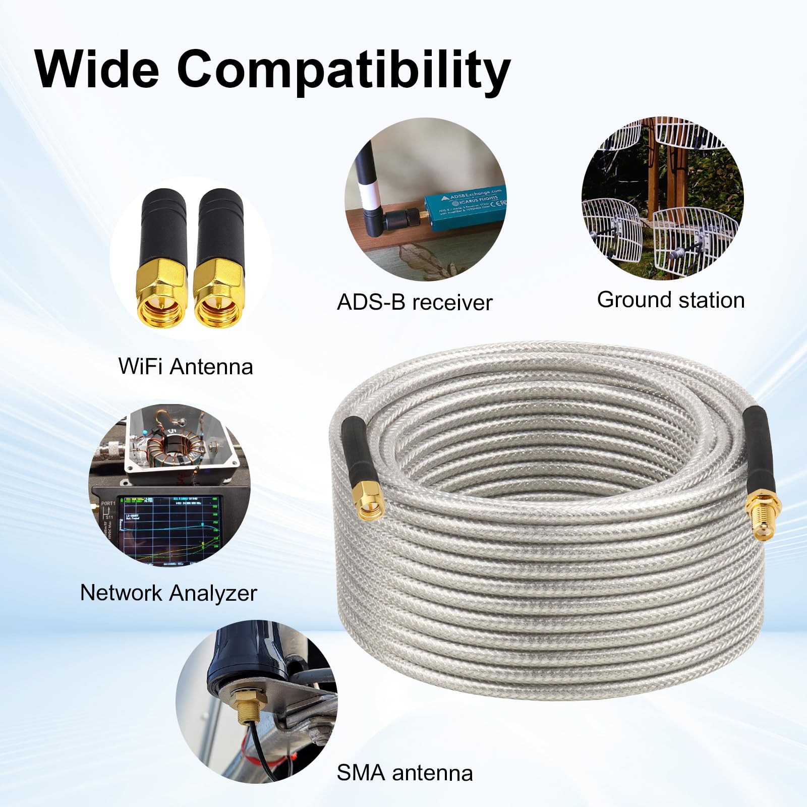 XRDS -RF Verlustarmes RG58-Koaxialkabel, 30 m, SMA-Stecker auf SMA-Buchse, Schott-Verlängerungskabel, massives Kupfer, 50 Ohm, RF-Kabel für WLAN-Antennen-Router, 4G LTE Gateway