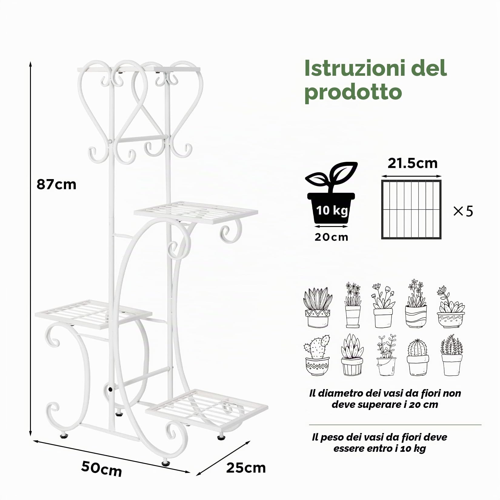 UNHO Espositore per Fiori Ferro: Bianco Verticale Supporto Fioriera in Metallico per Piante orchidee Scaffalatura per interni esterni per 4 Ripiani Scaffale Porta Piante Vasi in Ferro battuto