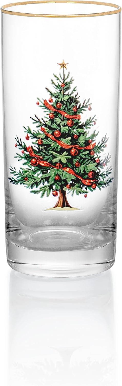 Red Co. Set of 4 Clear Glass 14 Fl Oz Christmas Tree Drinking Tumblers with Gold Rim – Water Goblet