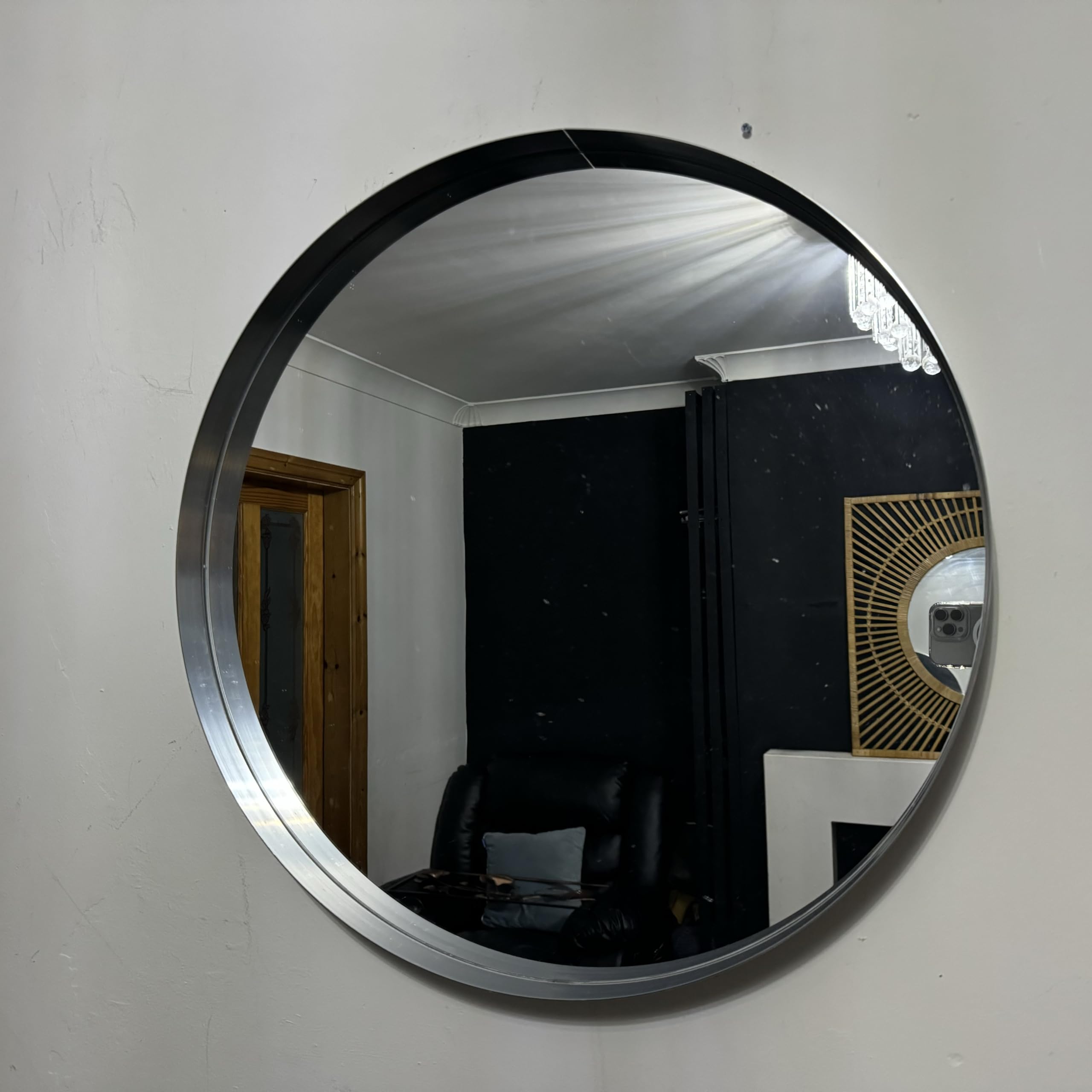 LIAMRA Silver Round Wall Mirror, 60 cm, Metal Frame, Art Deco Style