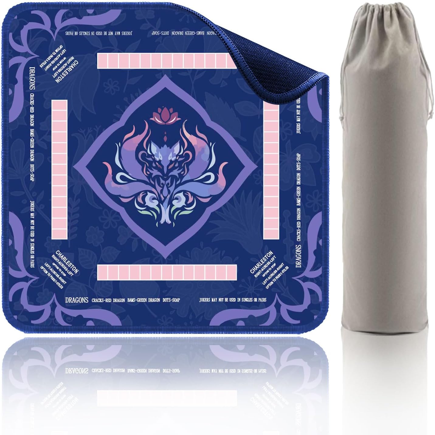 Purple Mahjong Mat for Table, American Mahjong Mat with Printed Rules, 31.5x31.5 in, Anti-Slip, Noise-Reducing Table Cover with Carrying Bag for Mahjong, Poker, Dominoes and Card Games