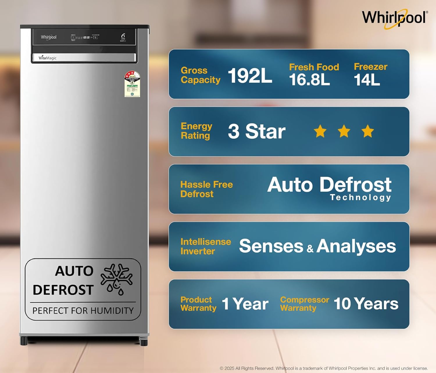 Whirlpool 192 L 3 Star Vitamagic PRO Frost Free Direct-Cool Single Door Refrigerator (215 VMPRO PRM 3S RADIANT STEEL-Z Fridge, Silver, Auto Defrost Technology) - Image 3