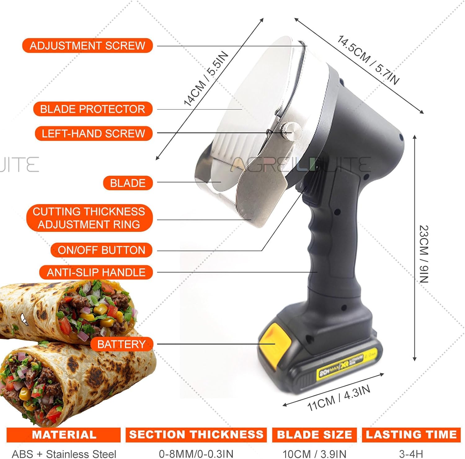 Automatic Shawarma Kebab Slicer - Electric Meat Cutter with 2 Blades, Adjustable Thickness 0.5-8mm, Includes Rotisserie Meat Shovel & 2 Batteries for Commercial Use