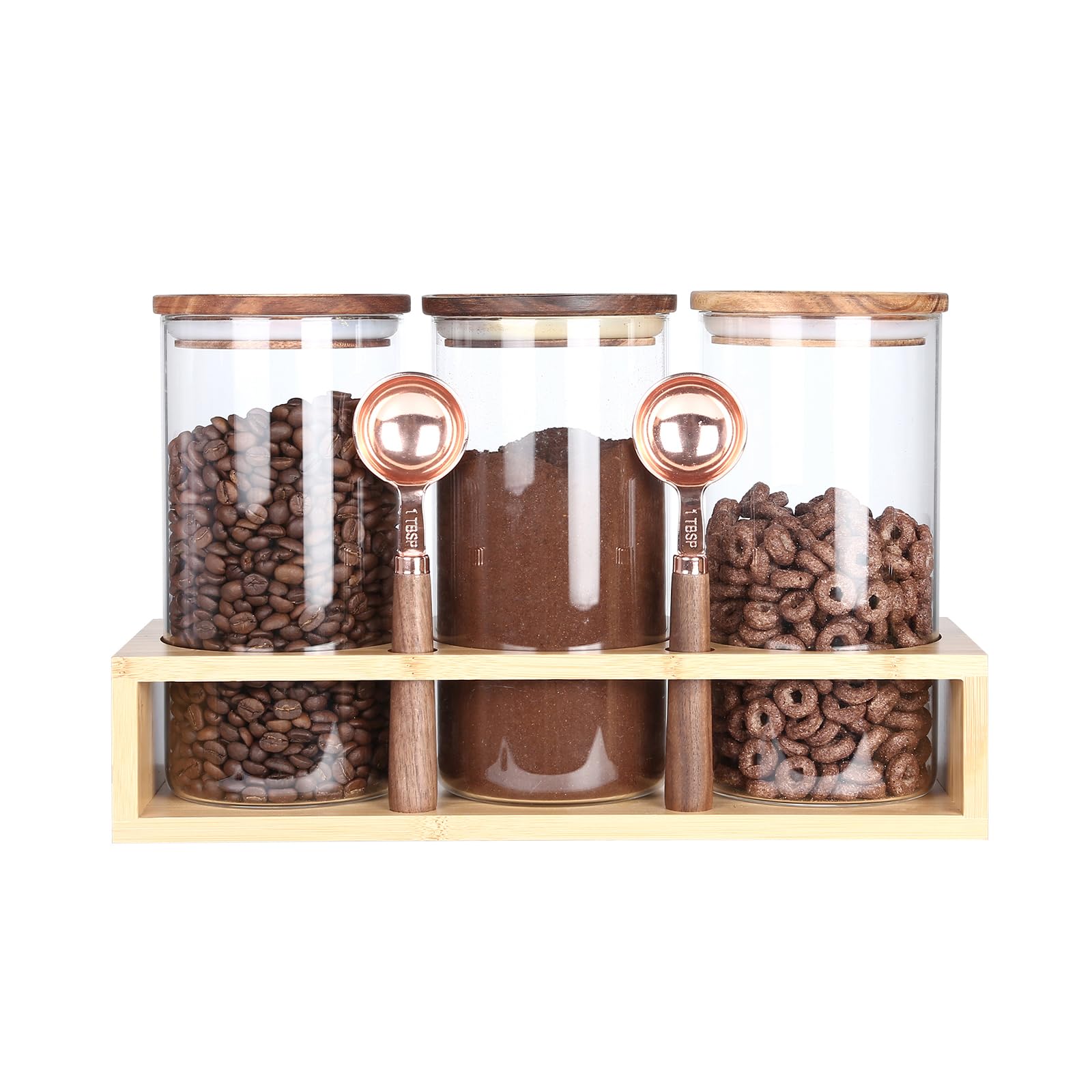 KKC HOME ACCENTS Tarro de almacenamiento de vidrio con tapa sellada hermética (39 onzas líquidas x 3 + estante + cuchara x 2)