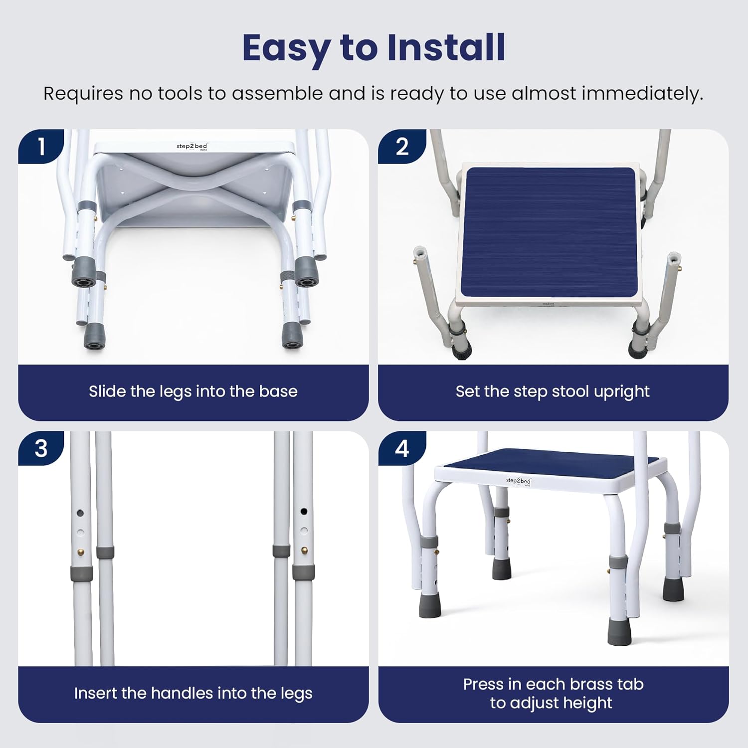step2bed Mini Step Stool with Handle for Elderly - Adjustable Height for Seniors with Handicap Grab Bars - Use for Bed, Bathtub. Stainless Steel Portable Step Stool for Bed (300 LBS Capacity)