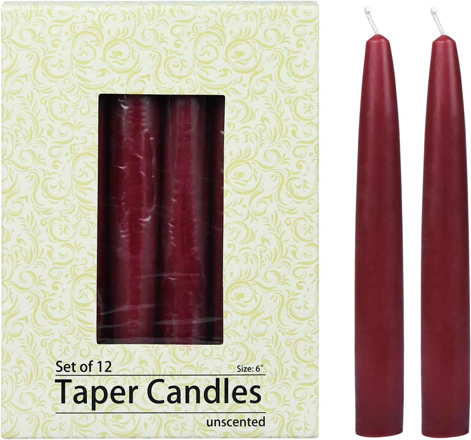 Zest Candle 12-Piece Taper Candles, 6-Inch, Burgundy