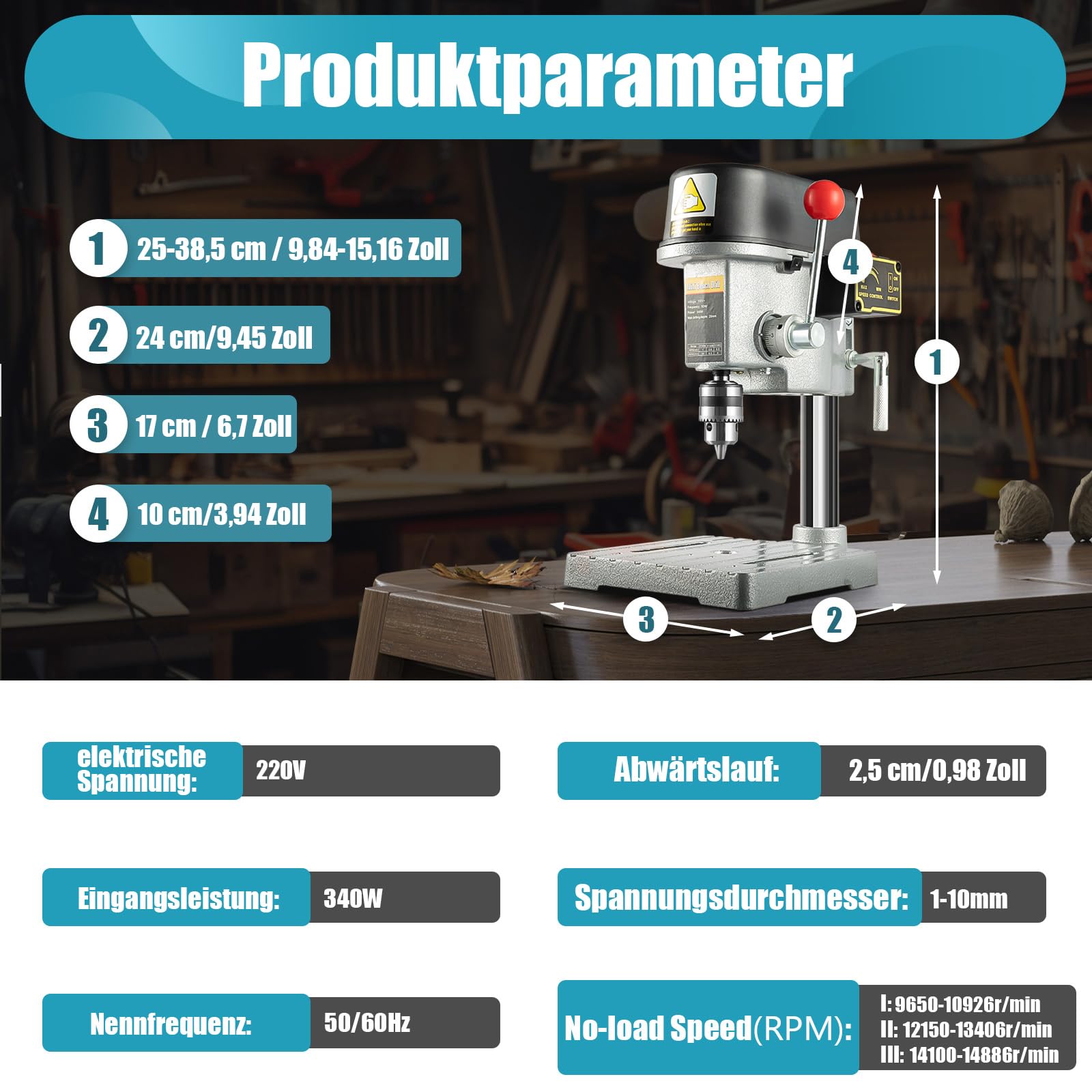 Tischbohrmaschine 340W, Standbohrmaschine, 3-Gang Geschwindigkeit (0-16000 U/min), Präzisionsbohrmaschine mit Gusseisenbasis für Holz, Kunststoff, Aluminium, DIY & Möbelmontage