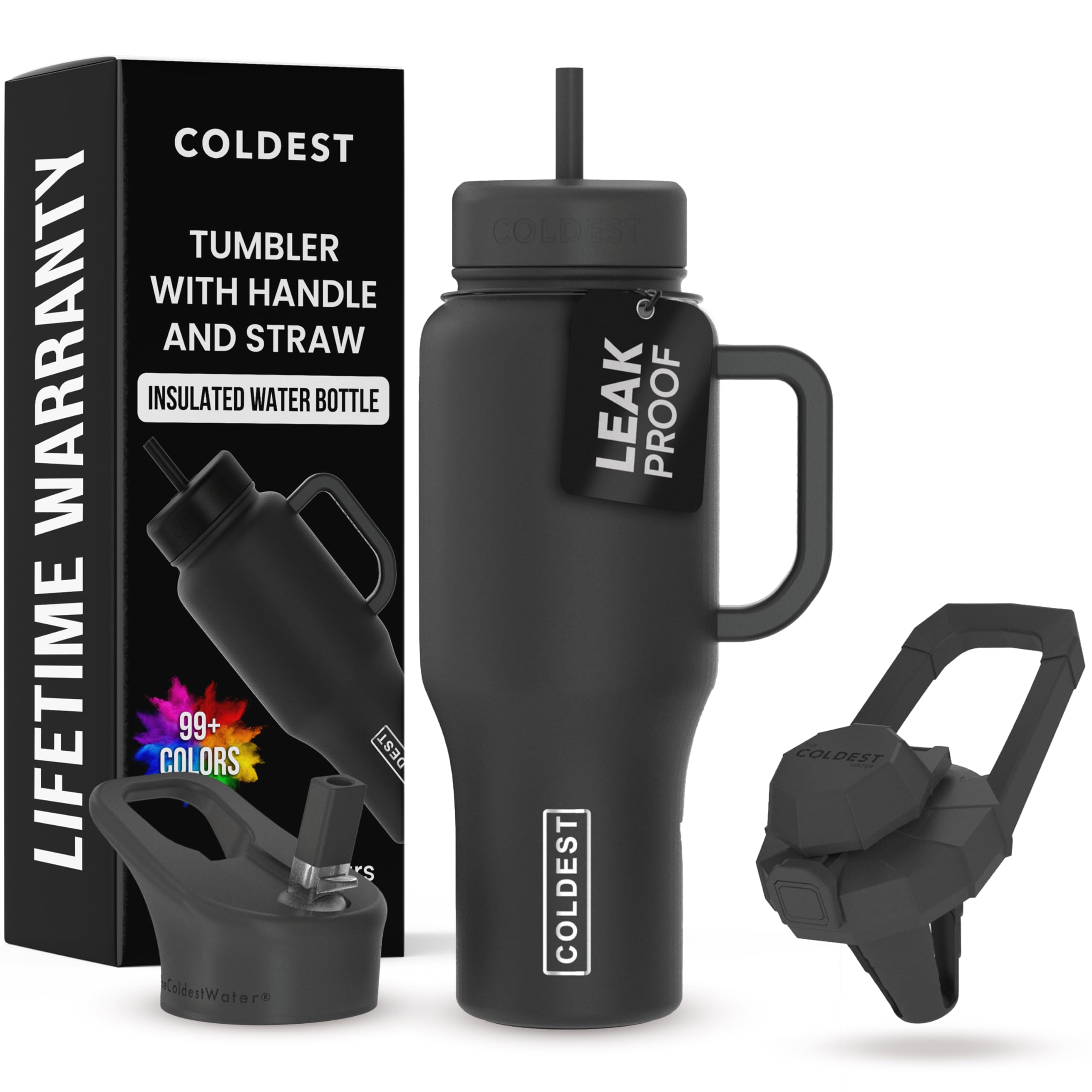 Coldest 40 oz Tumbler with Handle and Straw - 100% Leak Proof Insulated Tumbler with Lid and Straw (3 Lids) - Stainless Steel Tumblers for Women & Men - Cup Holder Friendly Base, 36 oz (Stealth Black)